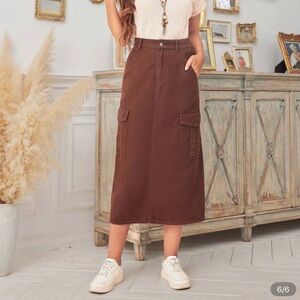 Chocolate Brown Denim Midi Skirt NWOT